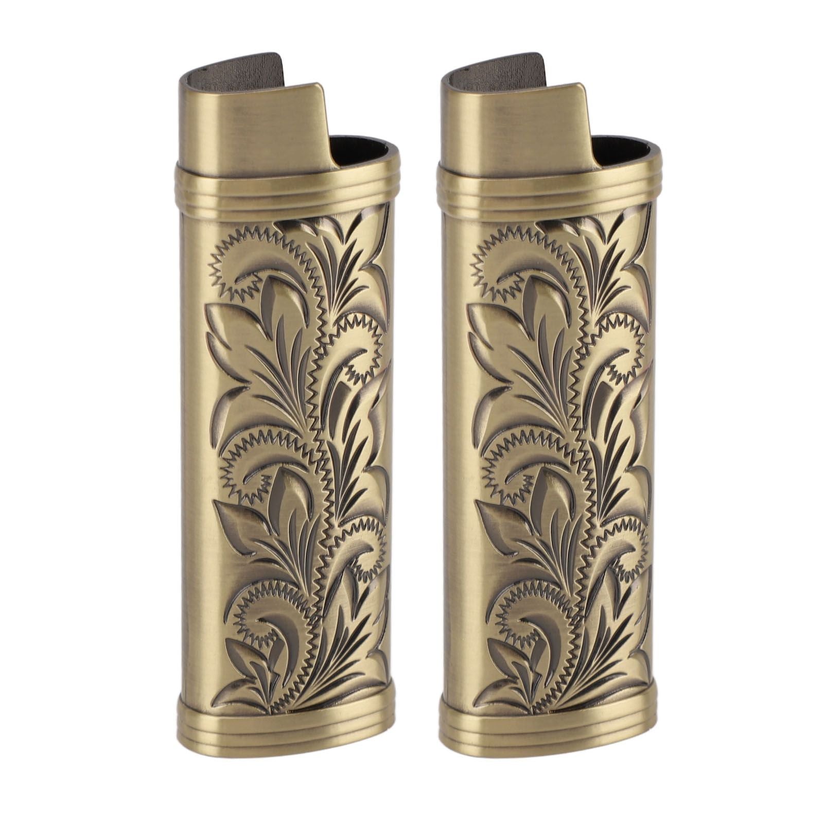 2Pcs Lighter Case Zinc Alloy Lighter Storage Container Floral Pattern for Outdoor Camping Hiking Bronze