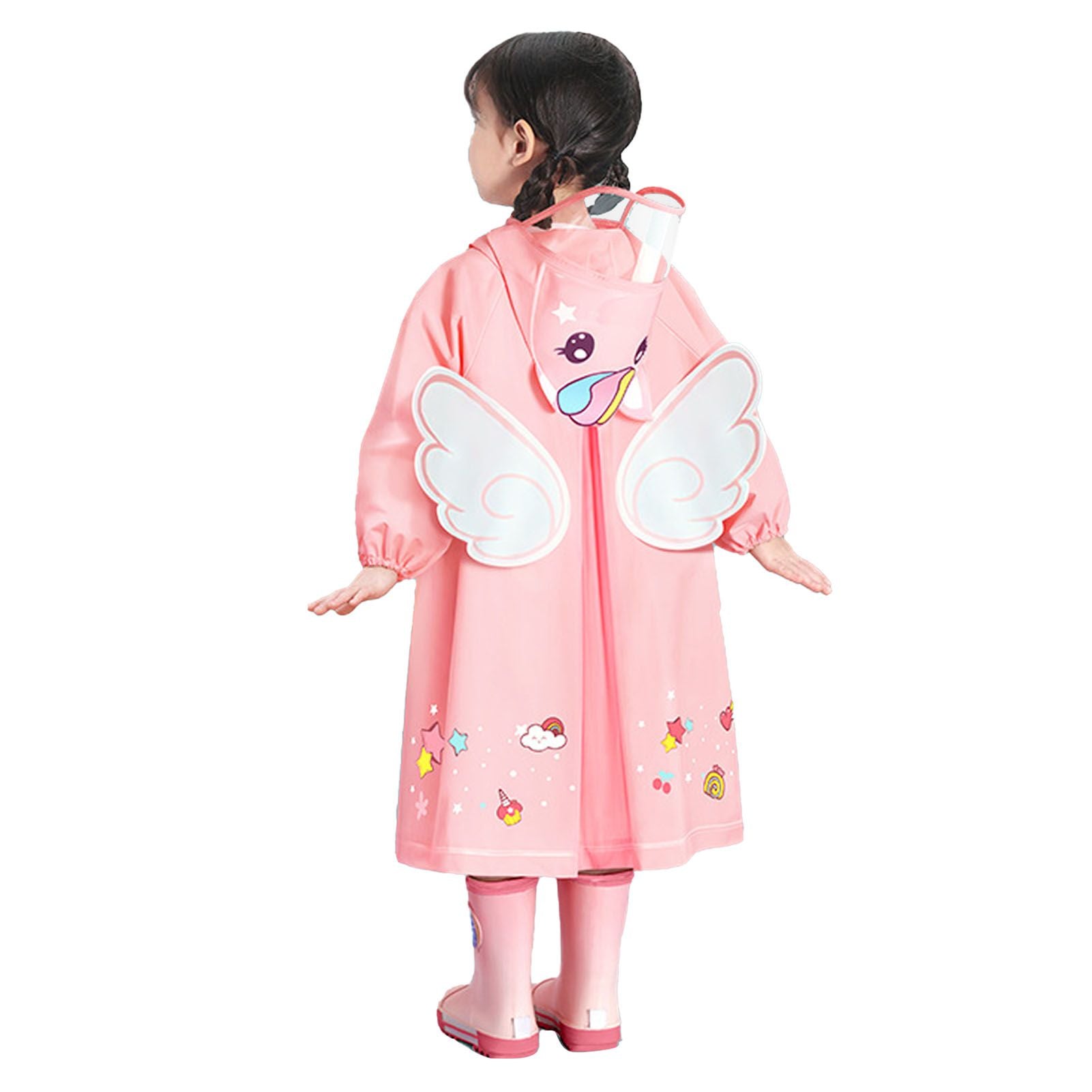 Kids Raincoat Waterproof Cute Pattern Lightweight Portable Children Hooded Rainwear for Girl Boy Pink M