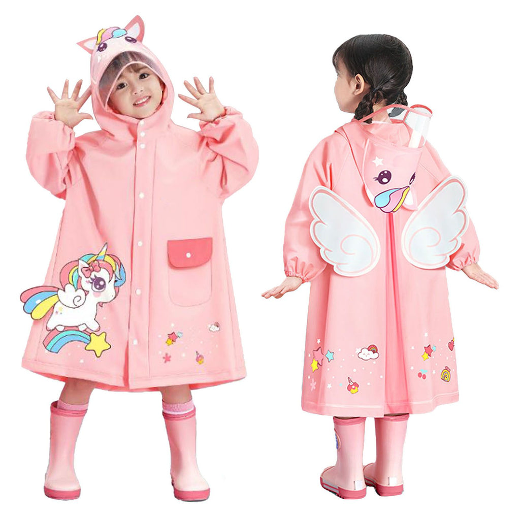 Kids Raincoat Waterproof Cute Pattern Lightweight Portable Children Hooded Rainwear for Girl Boy Pink M