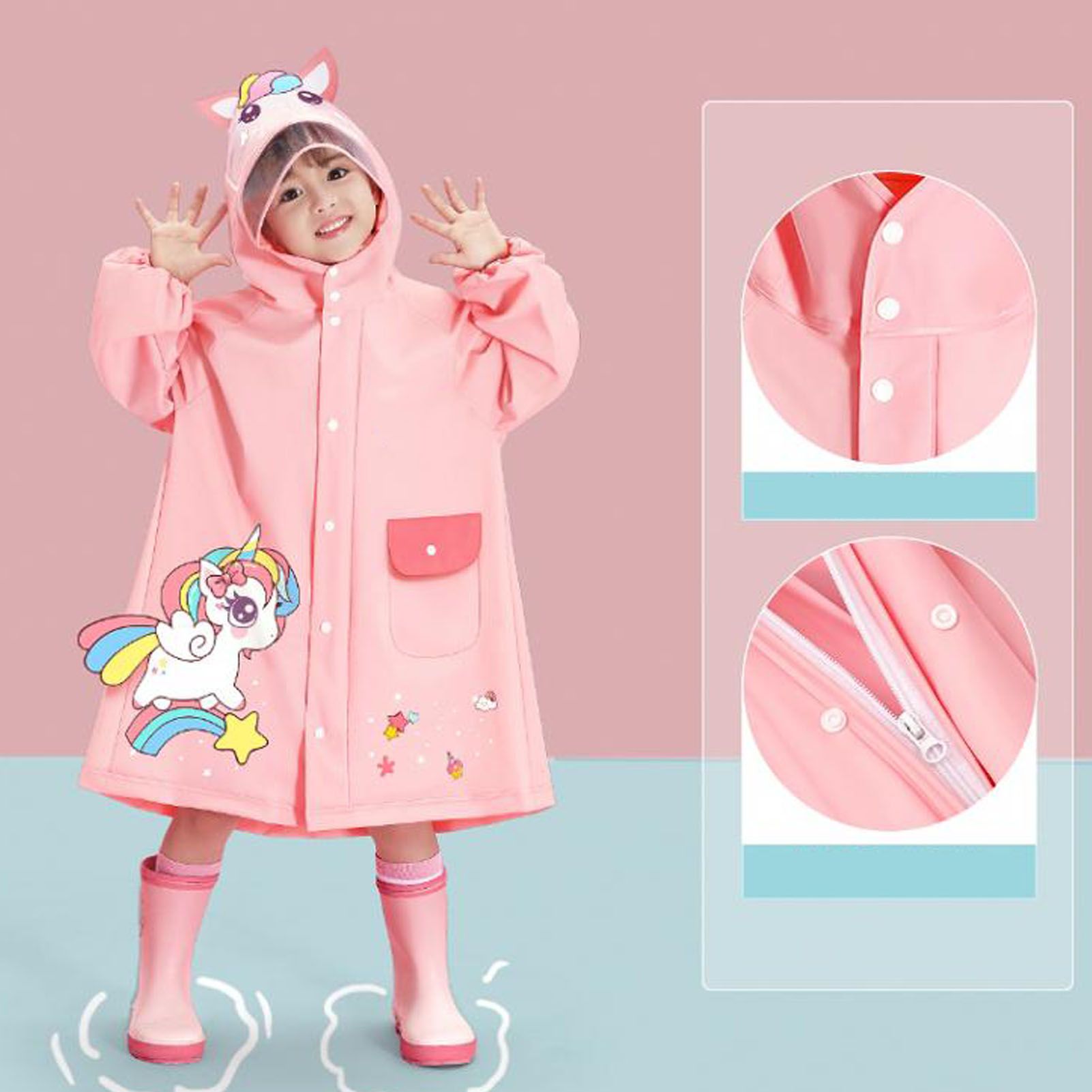 Kids Raincoat Waterproof Cute Pattern Lightweight Portable Children Hooded Rainwear for Girl Boy Pink M