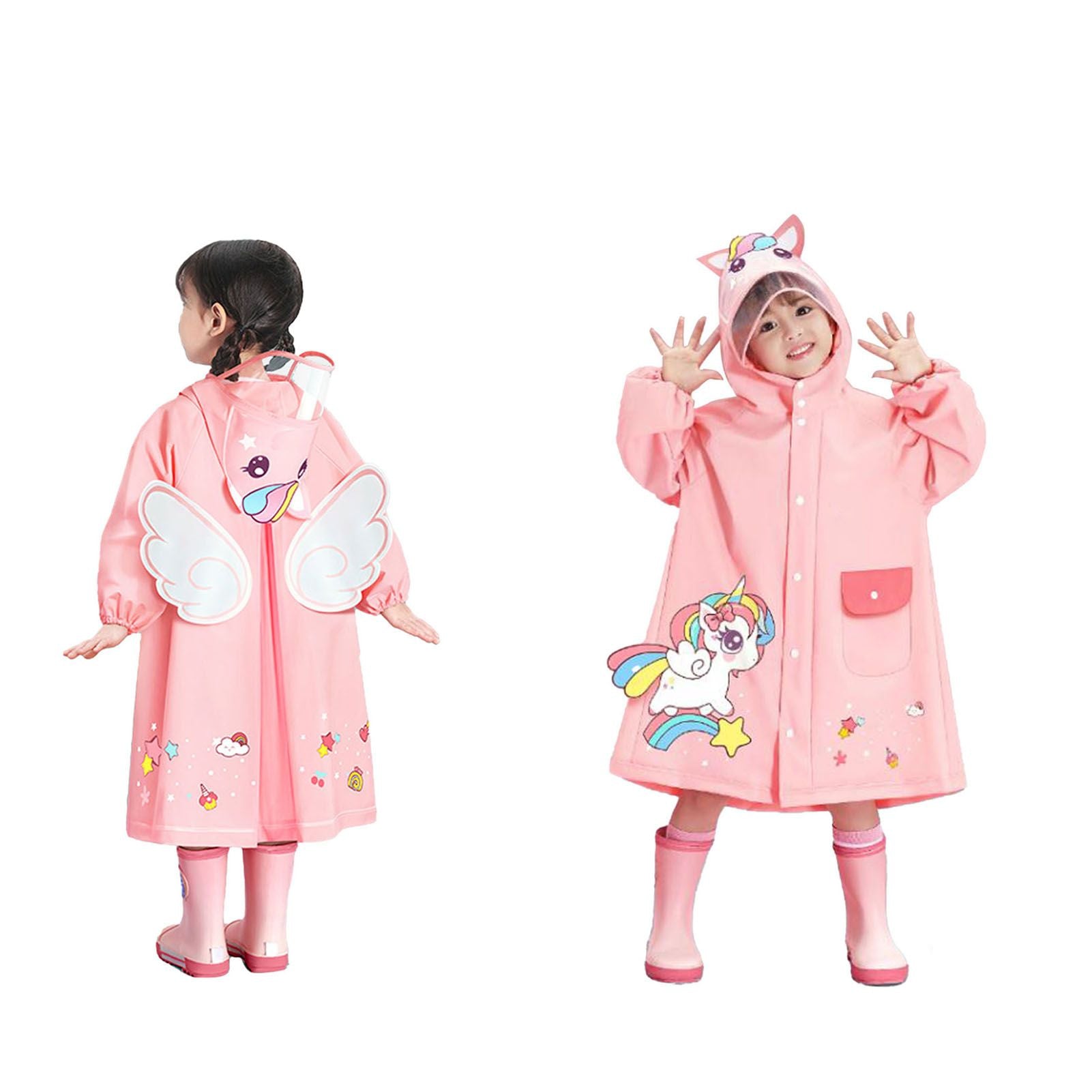 Kids Raincoat Waterproof Cute Pattern Lightweight Portable Children Hooded Rainwear for Girl Boy Pink XL