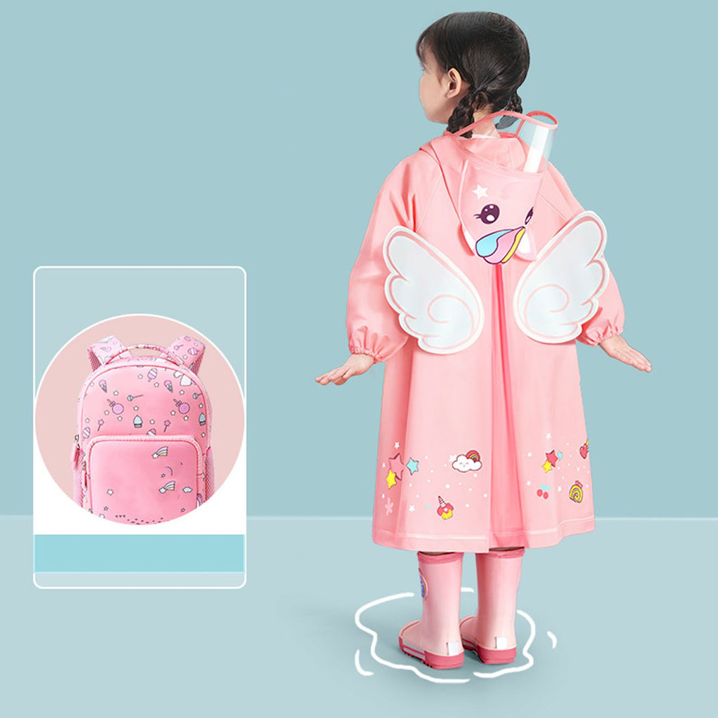 Kids Raincoat Waterproof Cute Pattern Lightweight Portable Children Hooded Rainwear for Girl Boy Pink XL