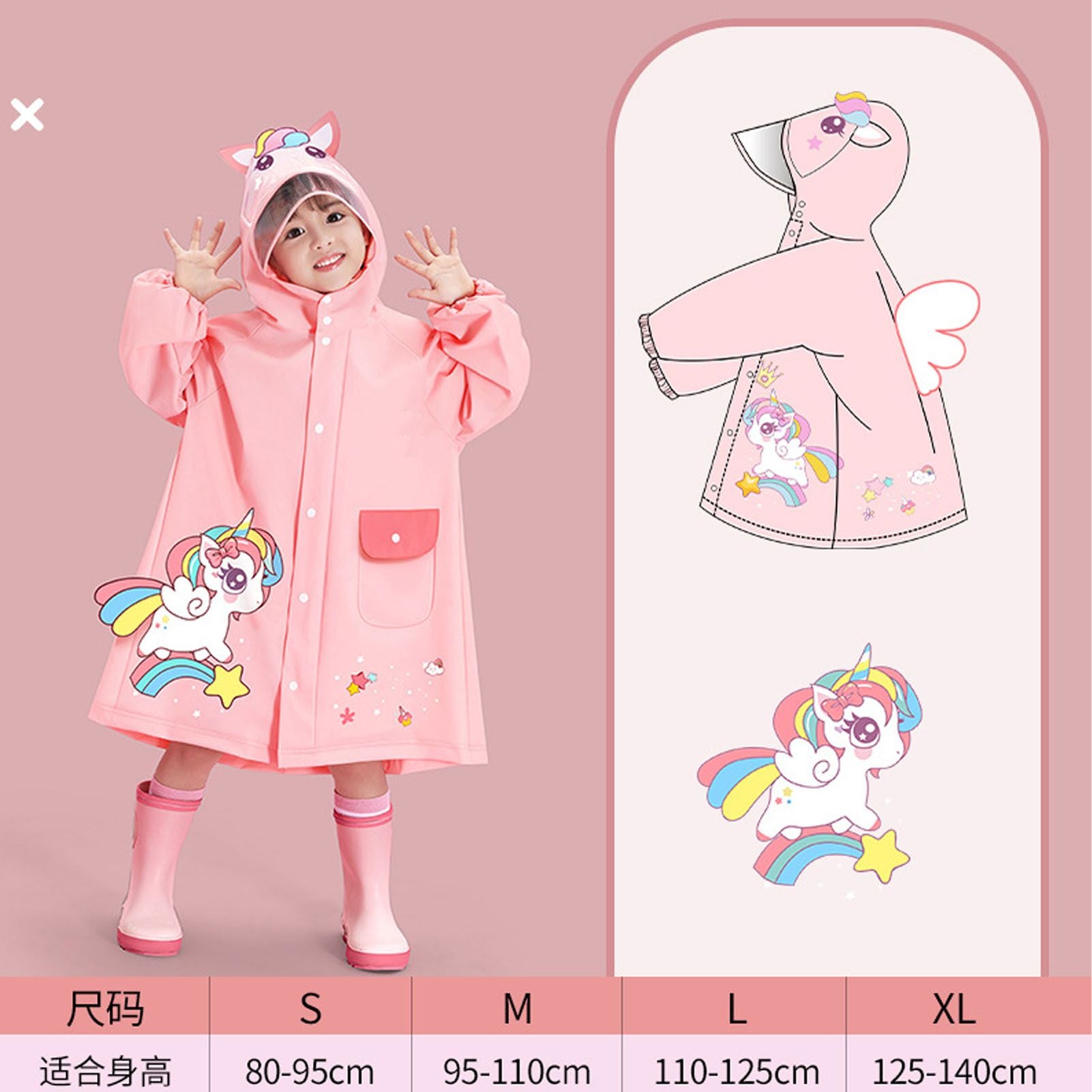 Kids Raincoat Waterproof Cute Pattern Lightweight Portable Children Hooded Rainwear for Girl Boy Pink XL