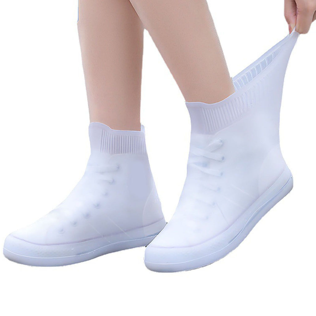 Rain Shoe Covers Waterproof Dustproof Reusable Overshoes Thickened Silicone Shoe Covers for Women Men White Mid Calf L (37 to 39 Sizes)