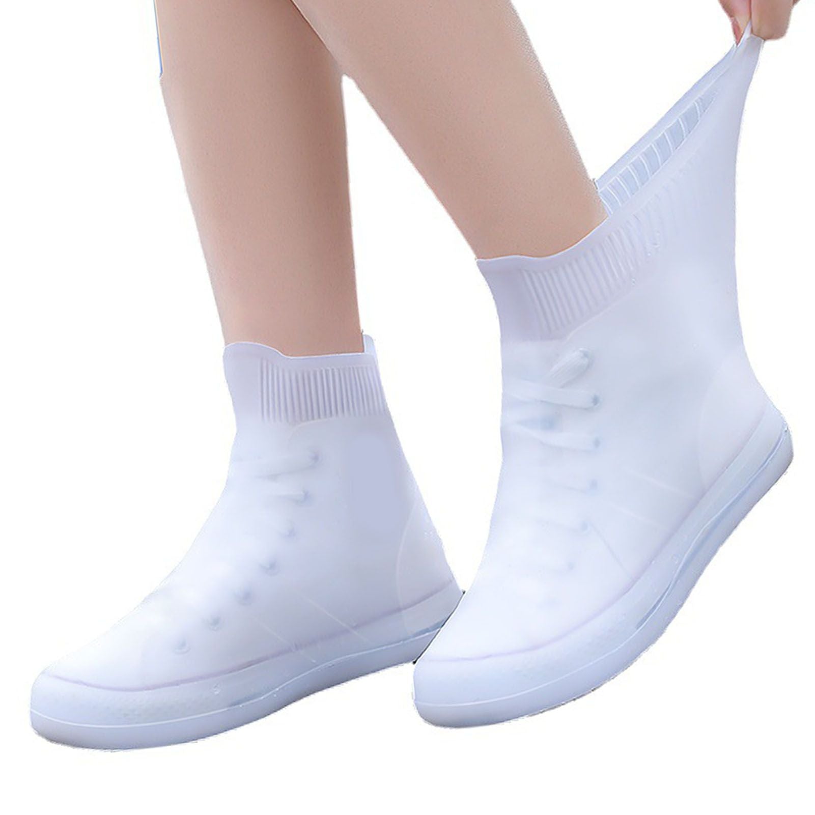Rain Shoe Covers Waterproof Dustproof Reusable Overshoes Thickened Silicone Shoe Covers for Women Men White Mid Calf L (37 to 39 Sizes)