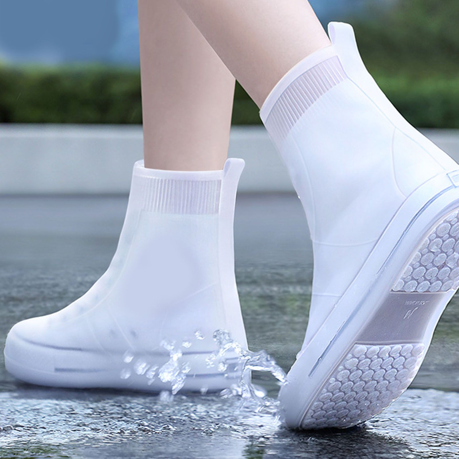 Rain Shoe Covers Waterproof Dustproof Reusable Overshoes Thickened Silicone Shoe Covers for Women Men White Mid Calf L (37 to 39 Sizes)