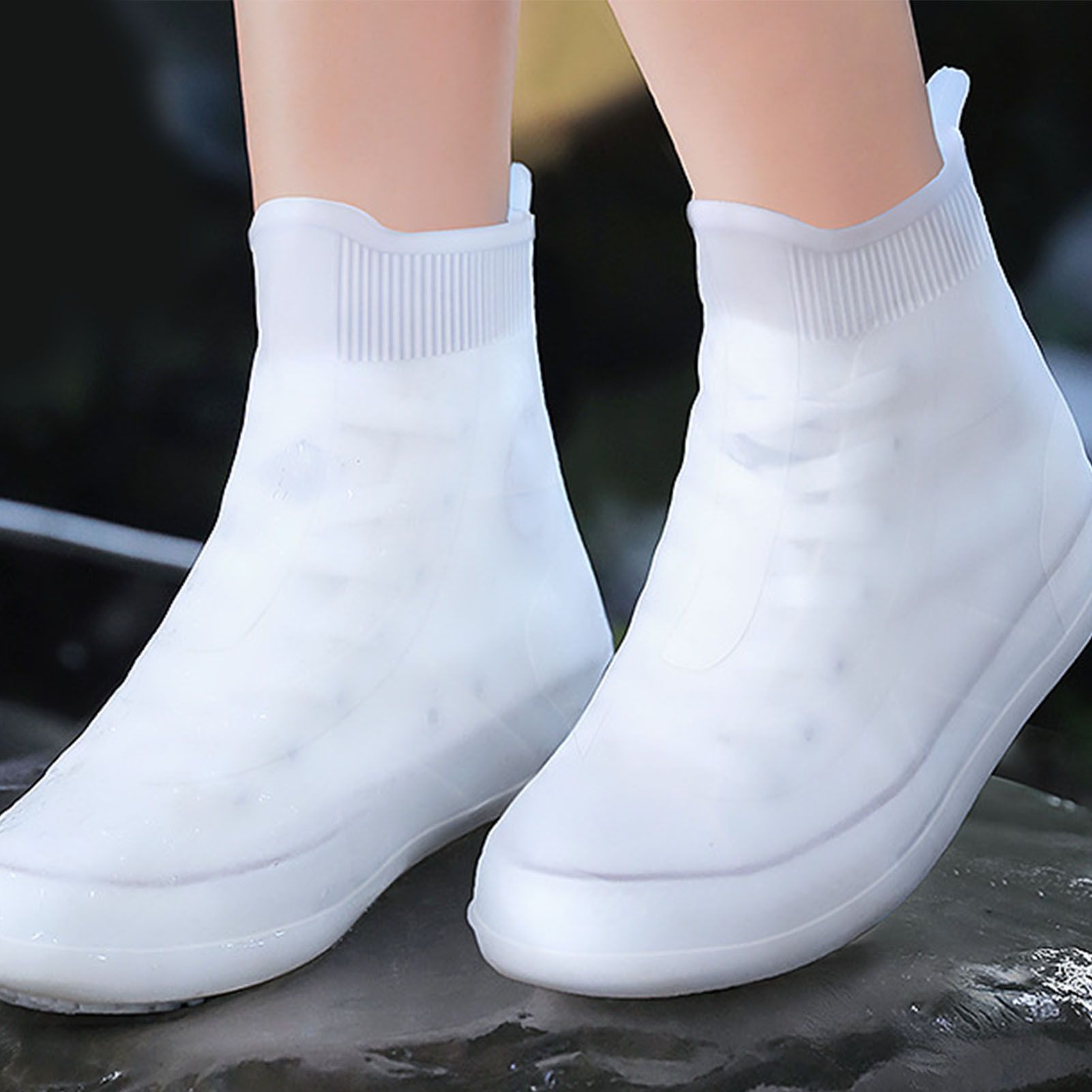 Rain Shoe Covers Waterproof Dustproof Reusable Overshoes Thickened Silicone Shoe Covers for Women Men White Mid Calf L (37 to 39 Sizes)