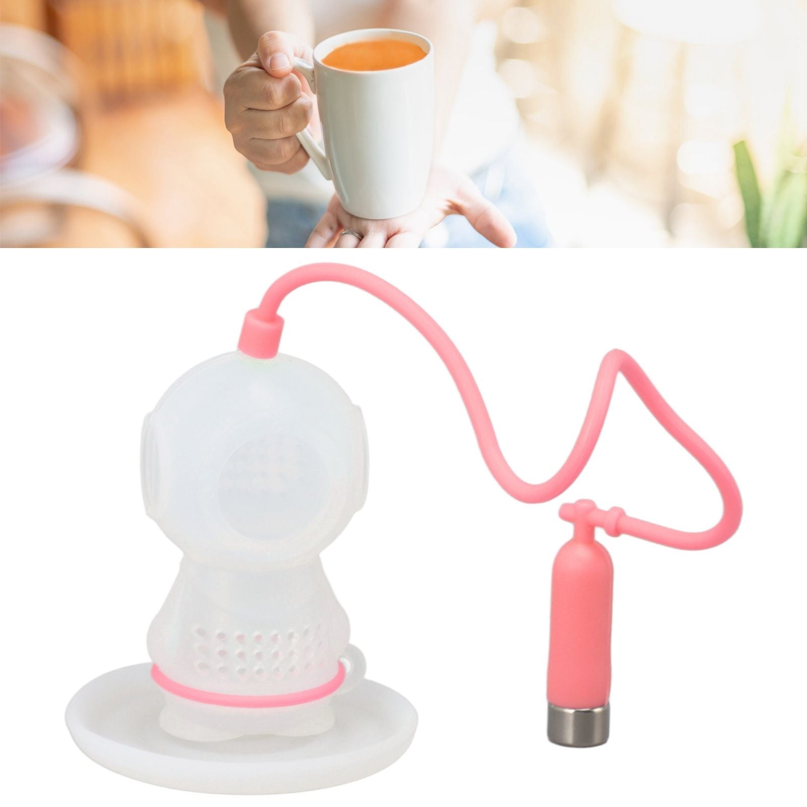 Silicone Tea Infuser Cute Diver Shape Loose Tea Leaf Filter Tea Diffuser Strainer with Chain and Drip Tray for Home Pink