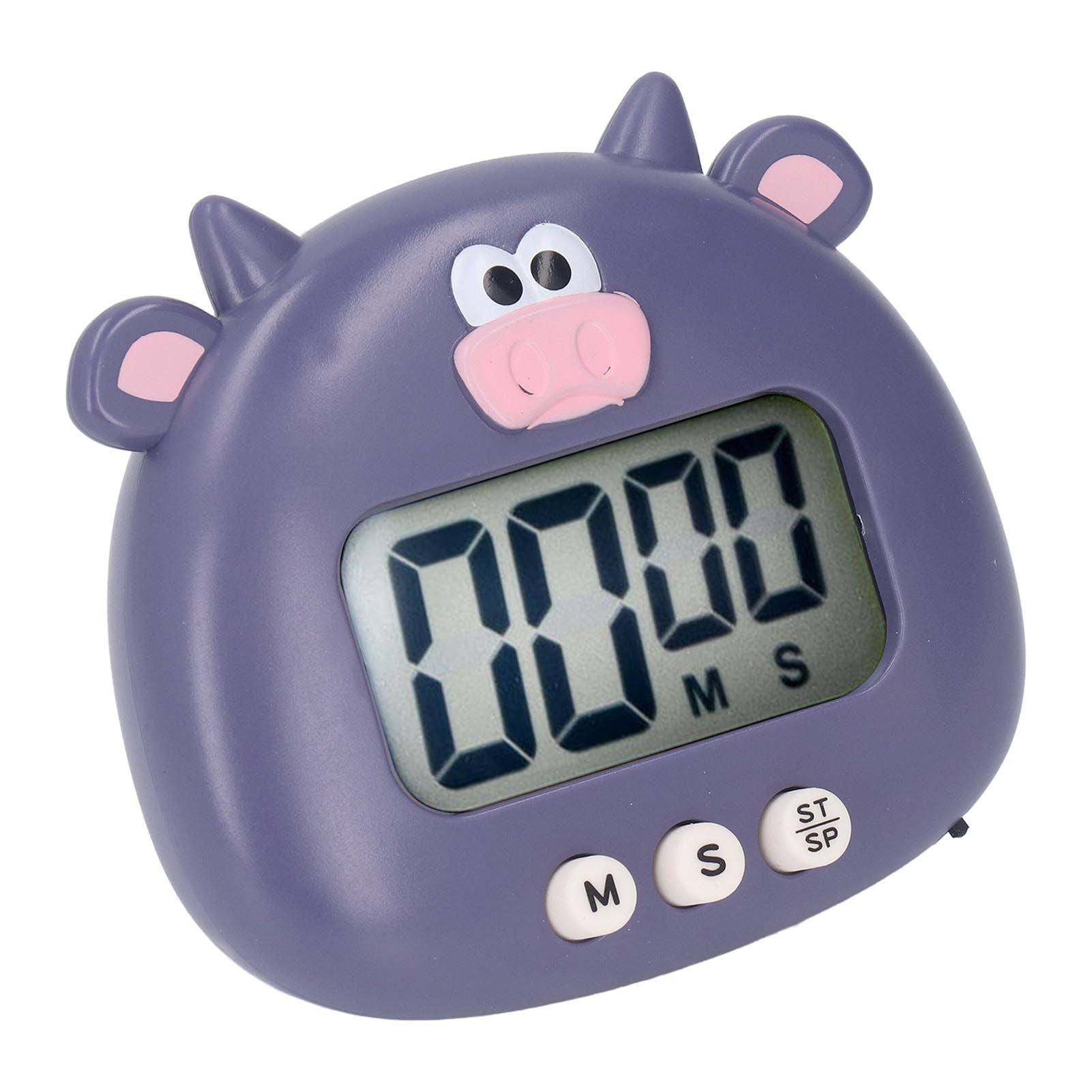 Digital Kitchen Timer Countup Countdown Cartoon Animal Sound Flash Alert Easy Operation with Stand for Cooking Teaching Purple Cow
