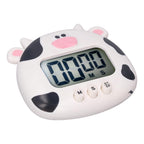 Digital Kitchen Timer Countup Countdown Cartoon Animal Sound Flash Alert Easy Operation with Stand for Cooking Teaching White Cow