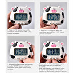 Digital Kitchen Timer Countup Countdown Cartoon Animal Sound Flash Alert Easy Operation with Stand for Cooking Teaching White Cow