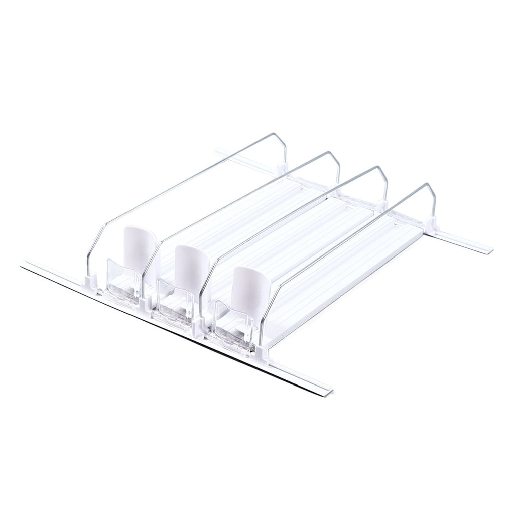38cm Drink Organizer for Fridge Automatic Pusher Glide 12oz 16oz 20oz Soda Dispenser for Fridge Width Adjustable E Shaped 38cm White