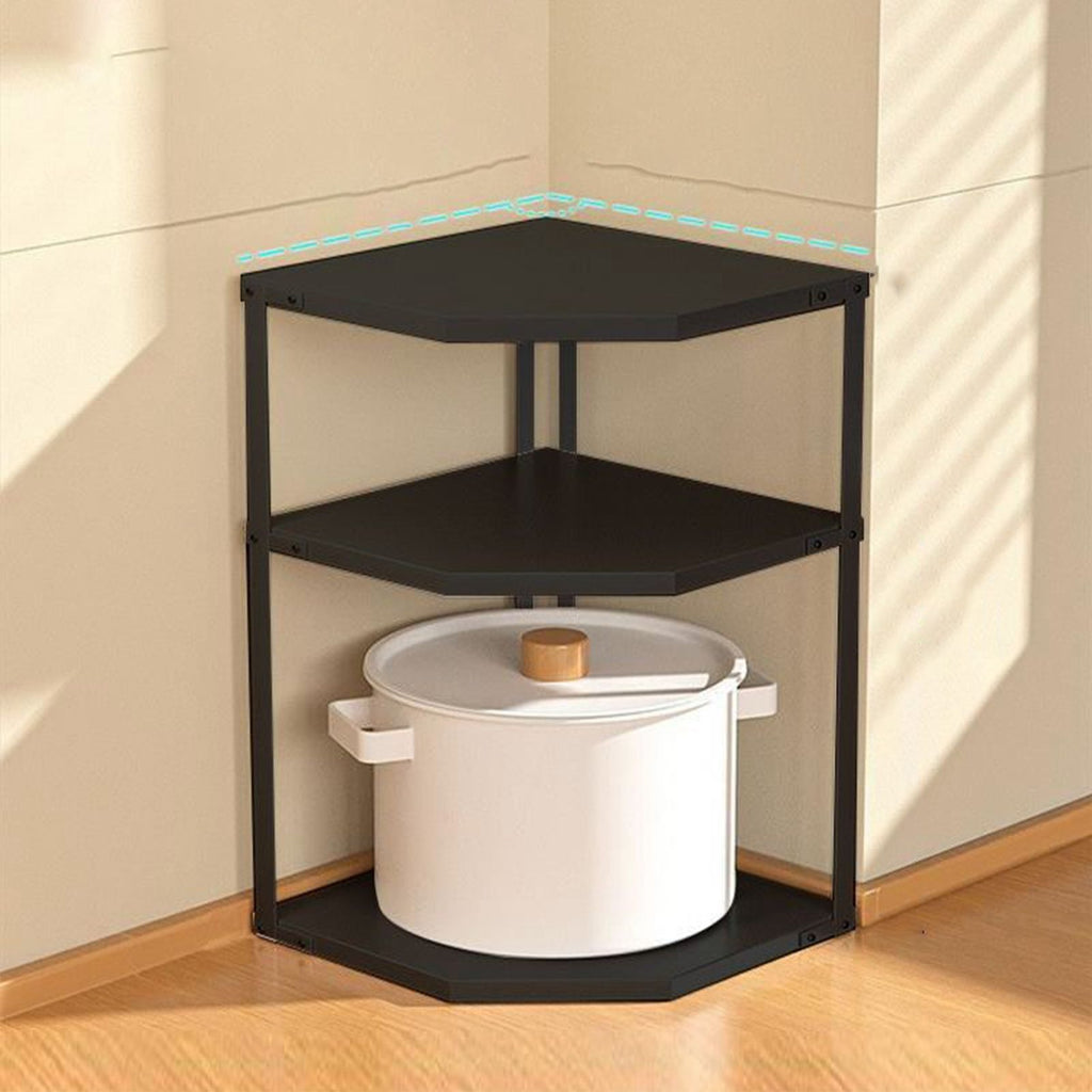 Kitchen Small Corner Shelf Rack Fan Shaped Space Saving Stable Carbon Steel Cookware Stand for Pots Pans 3 Layer Black 27x27x45.5cm