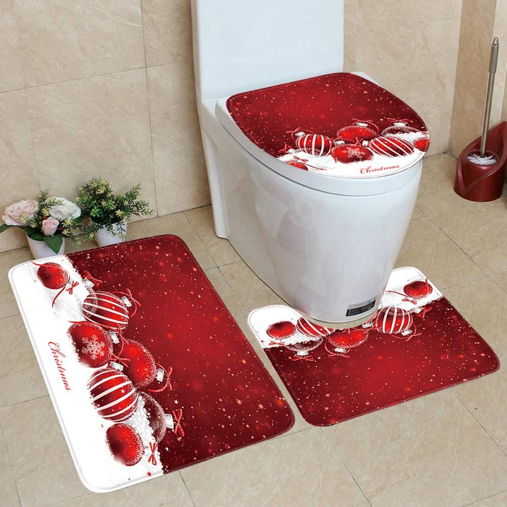 3Pcs Christmas Mat Sets Santa Claus Non Slip Mat Bathroom Doormat Toilet Seat Cover U Shaped Toilet Floor Mat