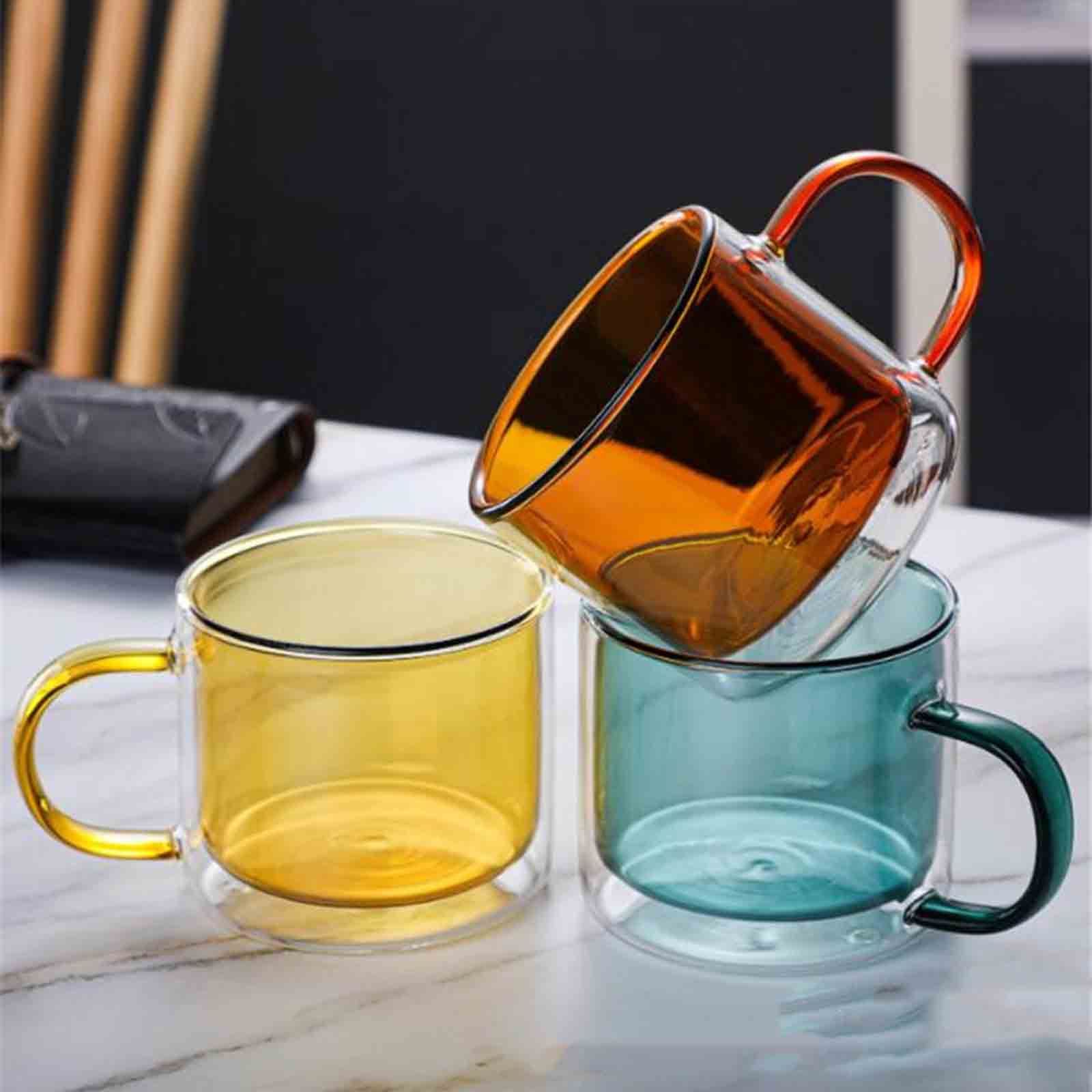 Double Walled Insulated Glass Mug Colorful Transparent Mug with Handle Coffee Cup