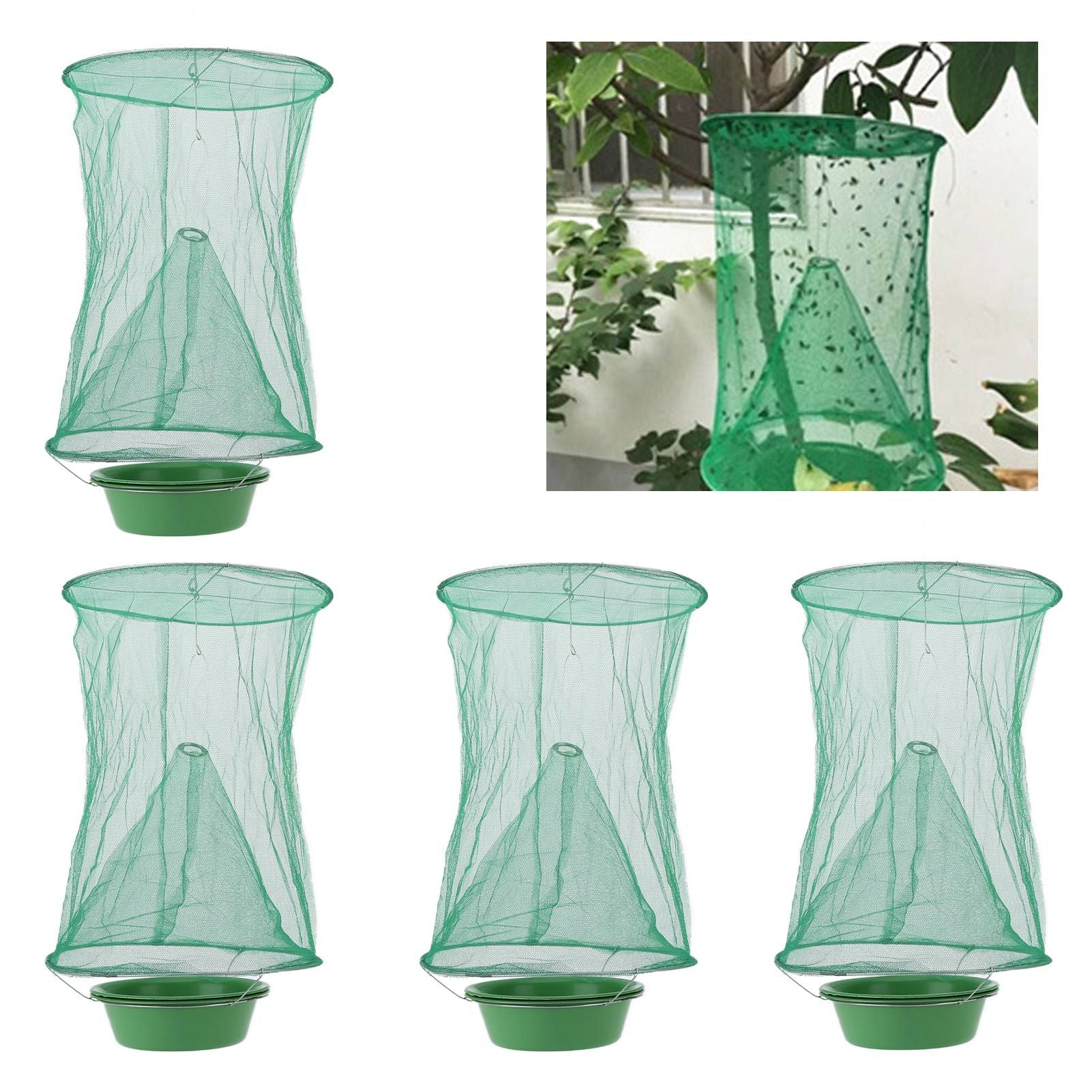 4pcs Outdoor Fly Trap Reusable Hanging Fly Trap Cage Net with Bait Tray for Garden Farm Orchard
