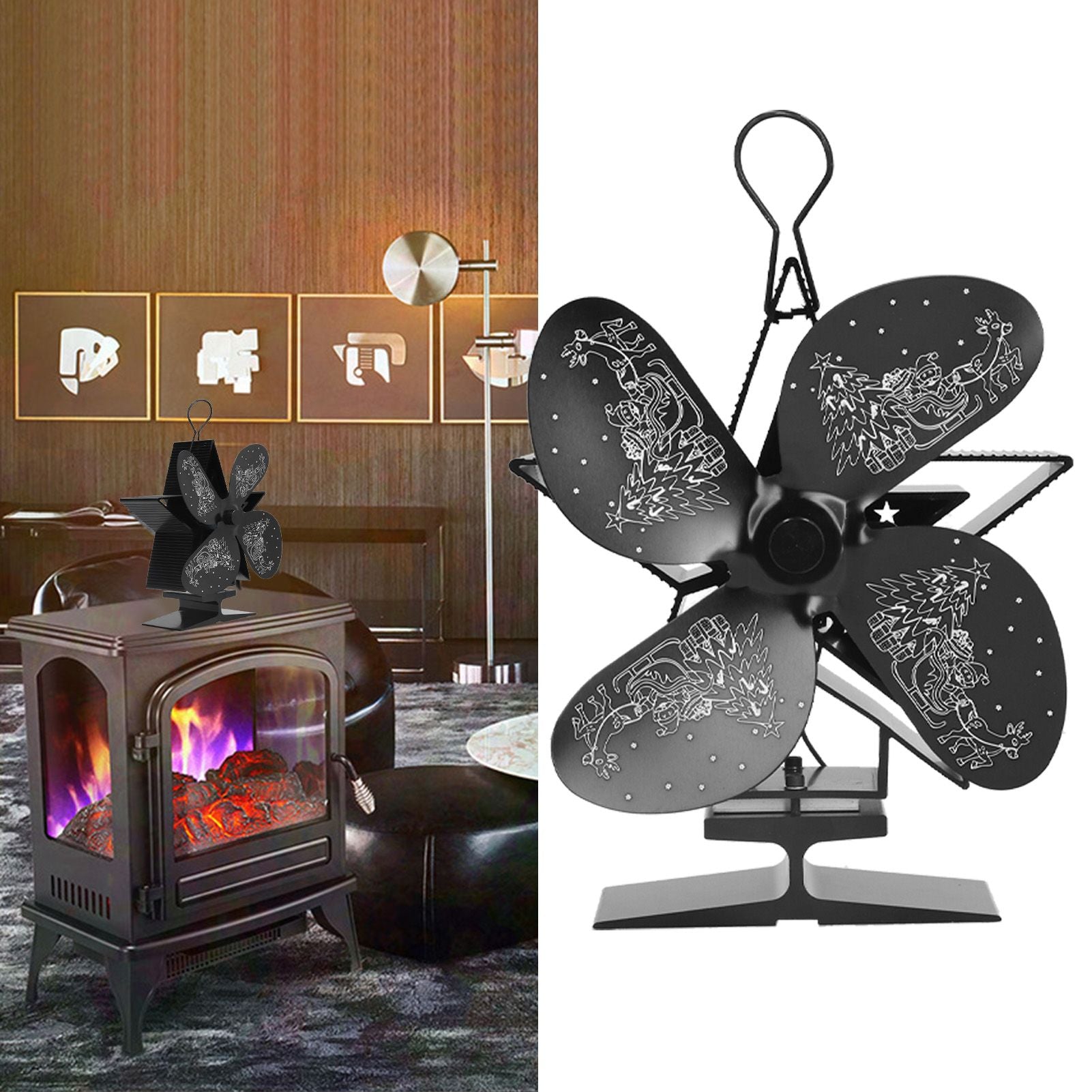 4 Blades Heat Powered Fan Santa Claus Pattern Fireplace Fan for Heat Distribution Circulating Warm AirBlack