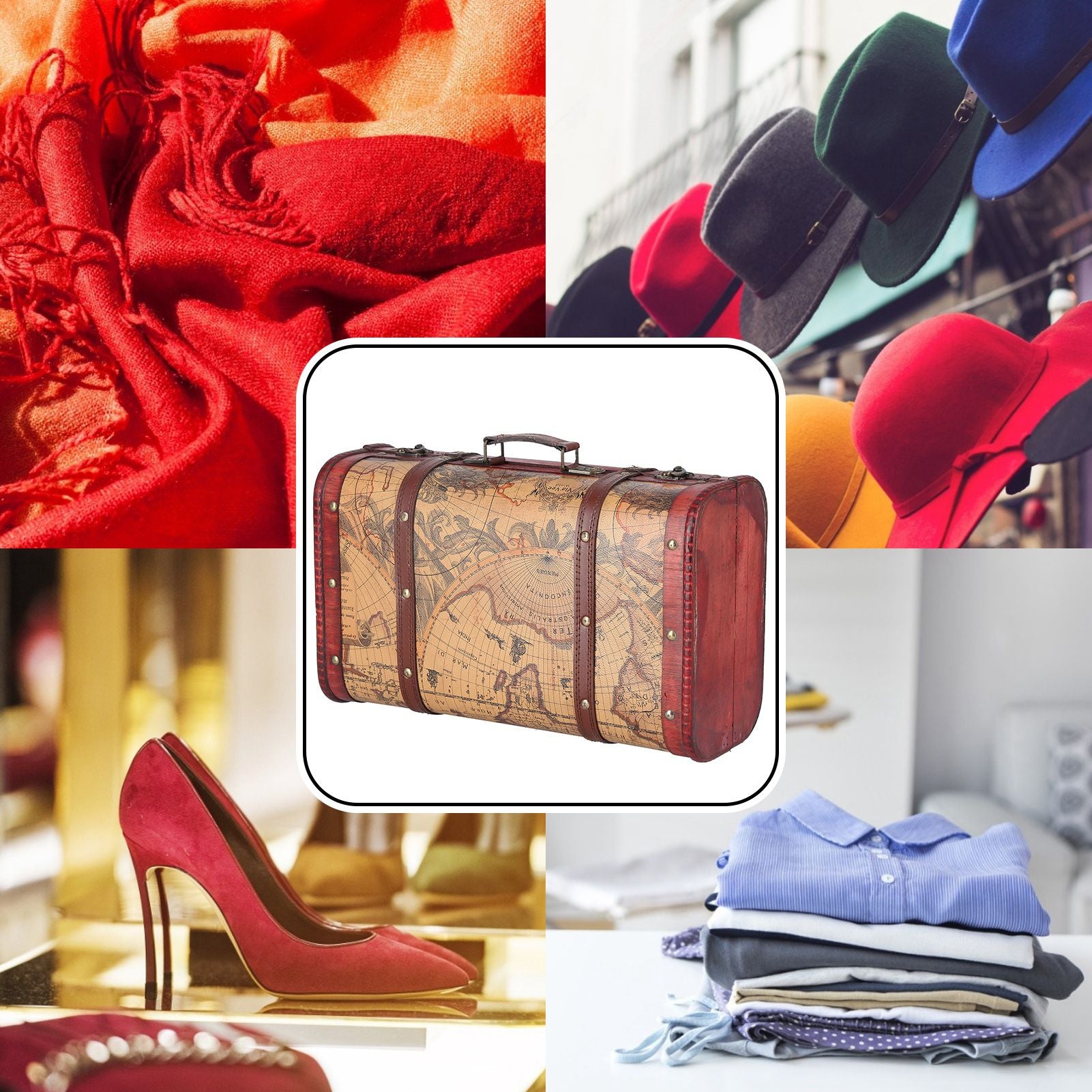 Vintage Suitcase Portable Composite Wood Map Pattern Design Vintage Storage Chest