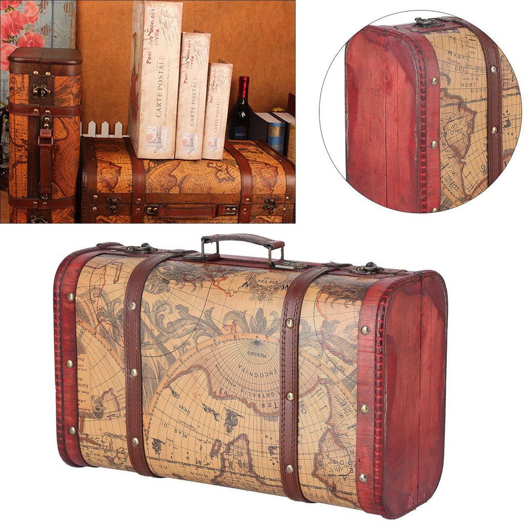Vintage Suitcase Portable Composite Wood Map Pattern Design Vintage Storage Chest