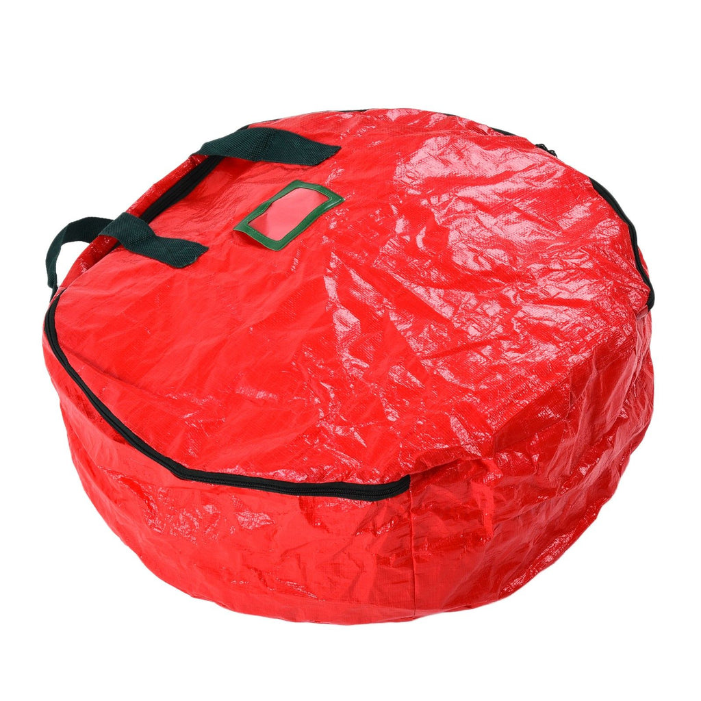 Christmas Wreath Storage Bag PE Woven Fabric Dustproof Round Red Storage Bag for Home Party Office