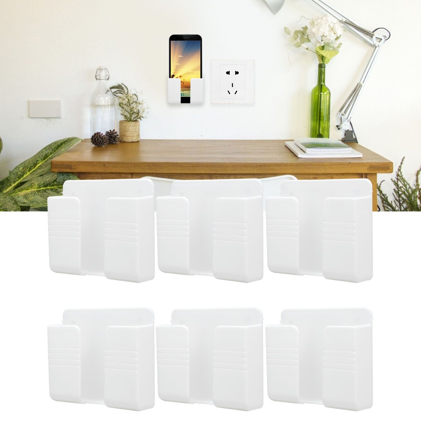 6Pcs Wall Mount Phone Holder Universal Adhesive Mobile Phone Charging Stand for Home Bedroom BathroomWhite