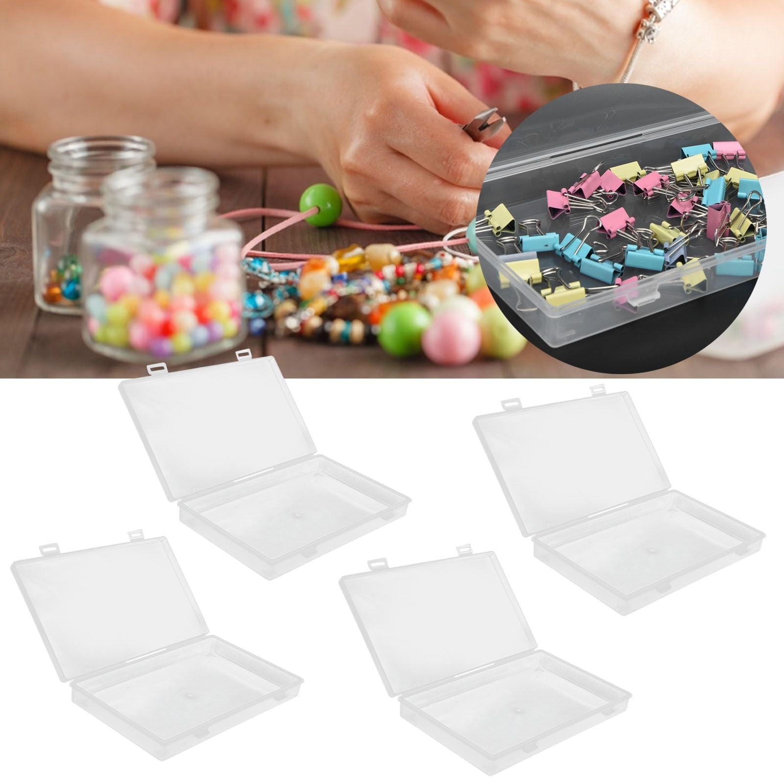 4Pcs Transparent Plastic Box with Hinged Cover Multipurpose Storage Container for Small Things