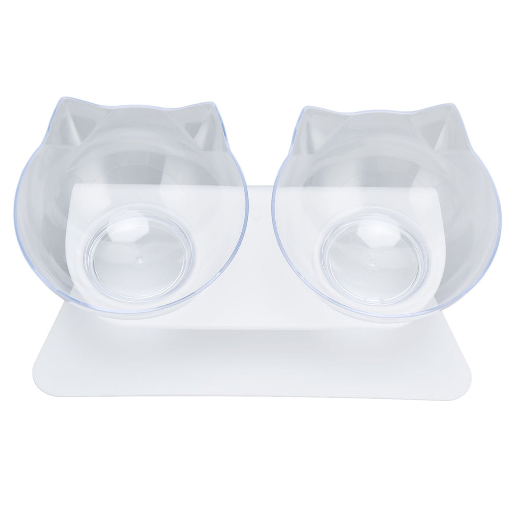 15° Inclined Cat Double Bowl Neck Guard Pet Feeding Bowl for Home Pet Shop Living Room(White Base Transparent Bowl )