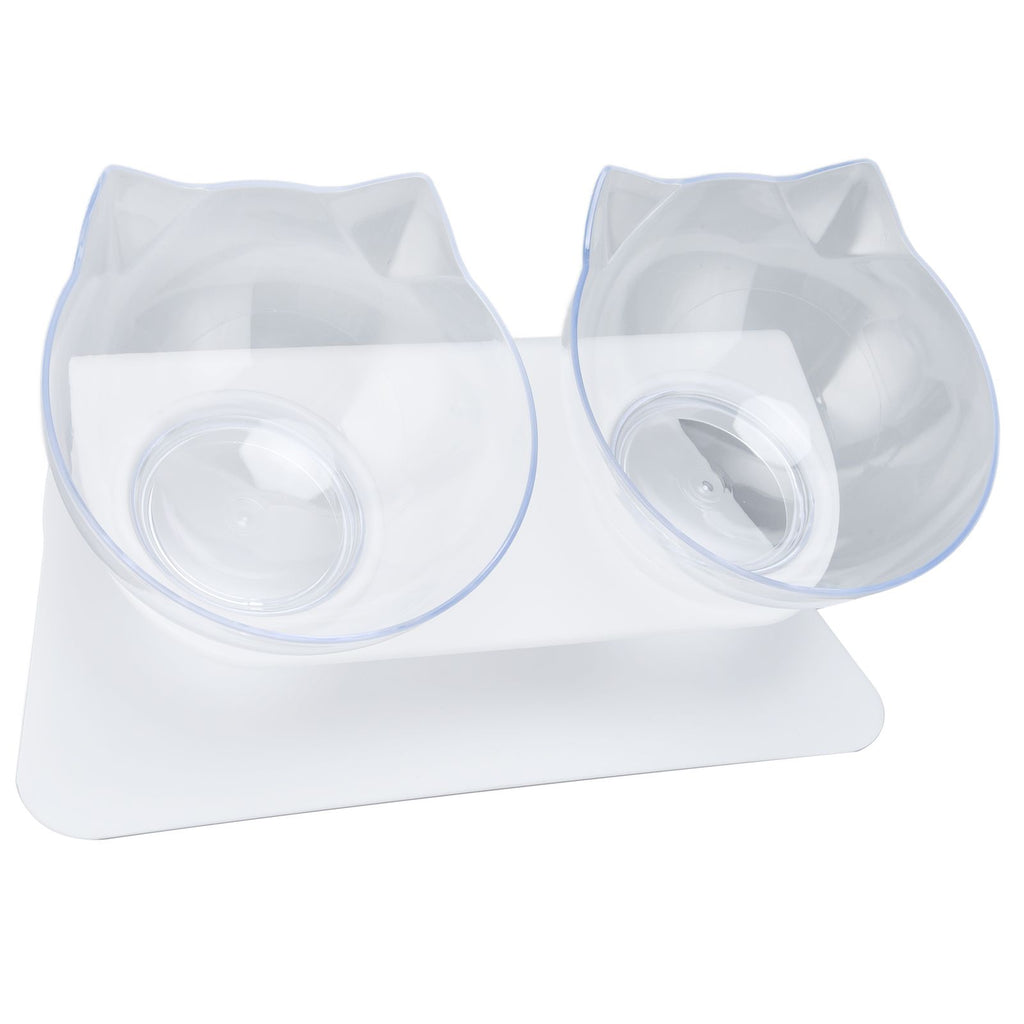 15° Inclined Cat Double Bowl Neck Guard Pet Feeding Bowl for Home Pet Shop Living Room(White Base Transparent Bowl )