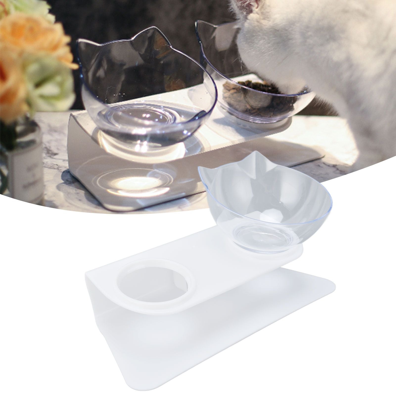 15° Inclined Cat Double Bowl Neck Guard Pet Feeding Bowl for Home Pet Shop Living Room(White Base Transparent Bowl )