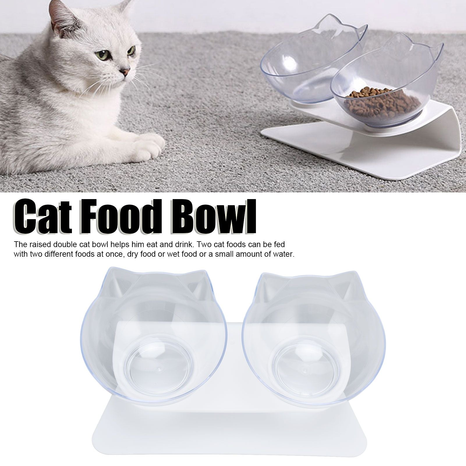 15° Inclined Cat Double Bowl Neck Guard Pet Feeding Bowl for Home Pet Shop Living Room(White Base Transparent Bowl )