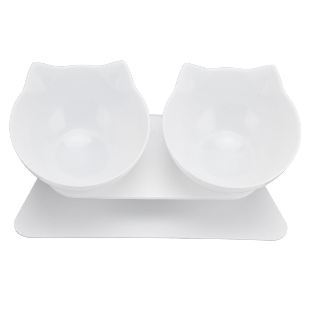 15° Inclined Cat Double Bowl Neck Guard Pet Feeding Bowl for Home Pet Shop Living Room(White Base White Bowl )