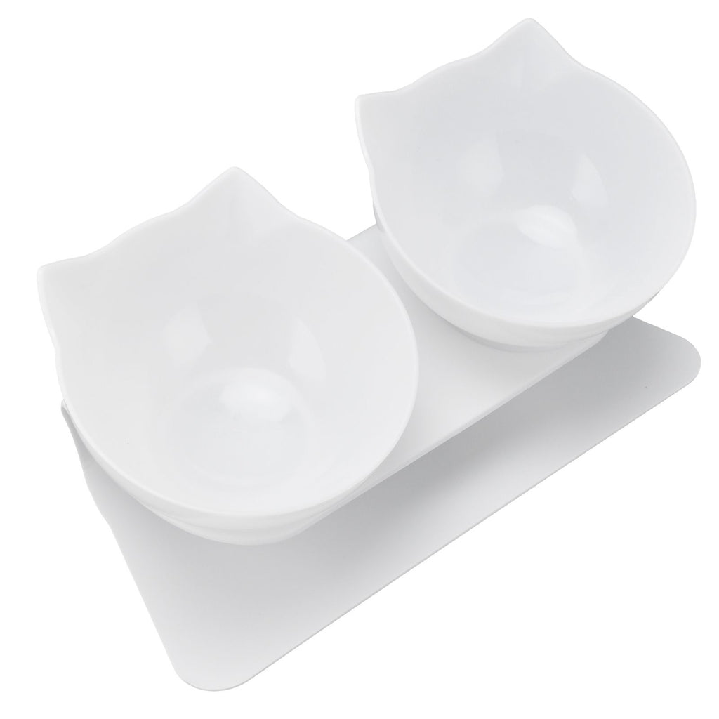 15° Inclined Cat Double Bowl Neck Guard Pet Feeding Bowl for Home Pet Shop Living Room(White Base White Bowl )