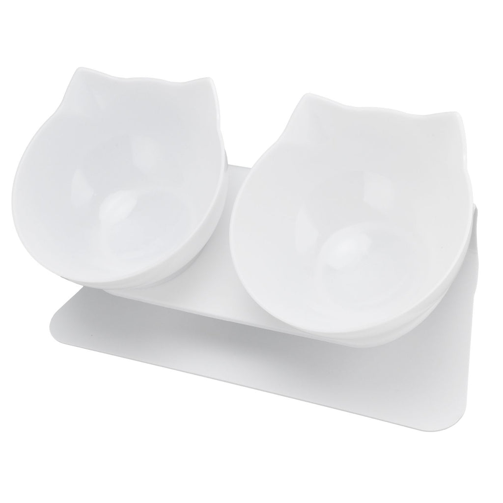 15° Inclined Cat Double Bowl Neck Guard Pet Feeding Bowl for Home Pet Shop Living Room(White Base White Bowl )