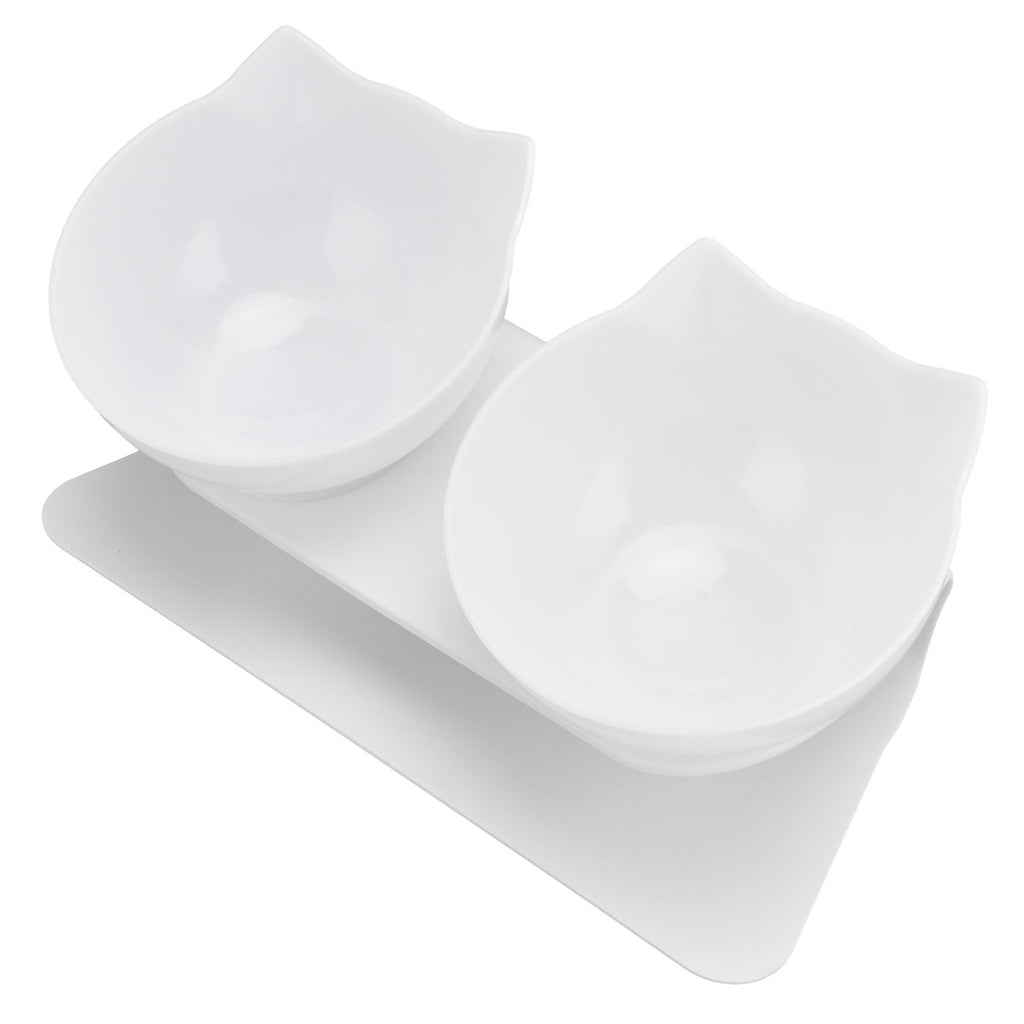 15° Inclined Cat Double Bowl Neck Guard Pet Feeding Bowl for Home Pet Shop Living Room(White Base White Bowl )