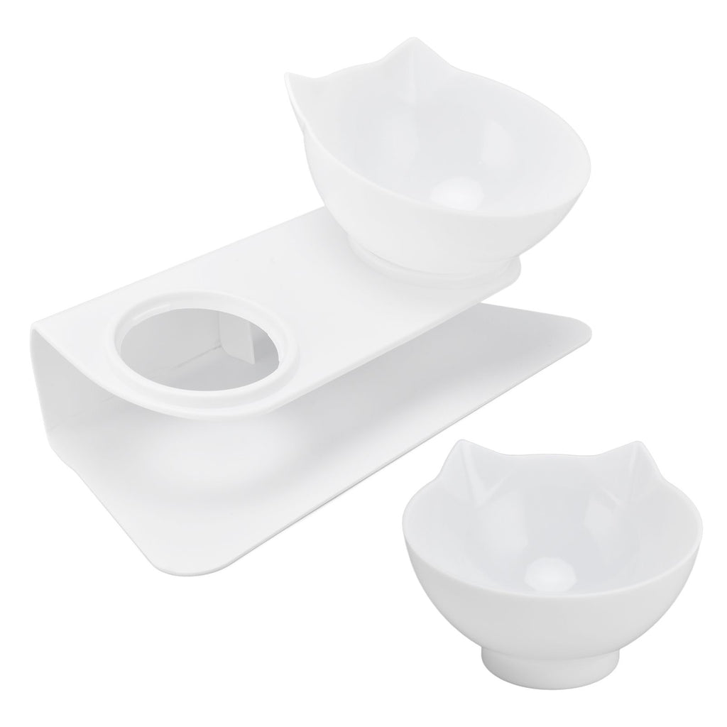 15° Inclined Cat Double Bowl Neck Guard Pet Feeding Bowl for Home Pet Shop Living Room(White Base White Bowl )