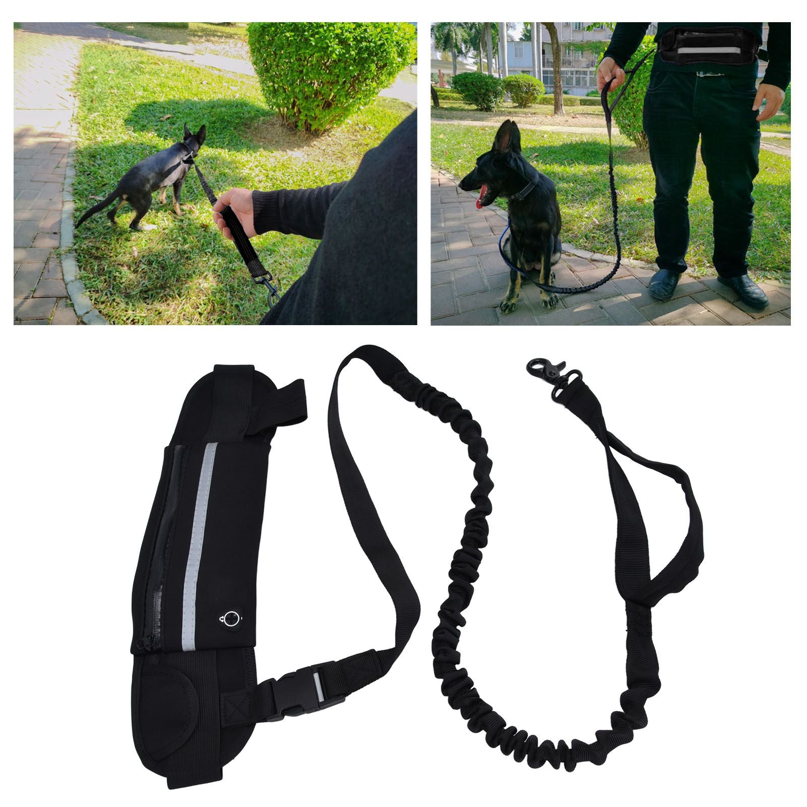 Sports Belt Bag Leash Set Reflective Elastic Explosion Proof Dog Running Traction Rope for Walking RunningBlack