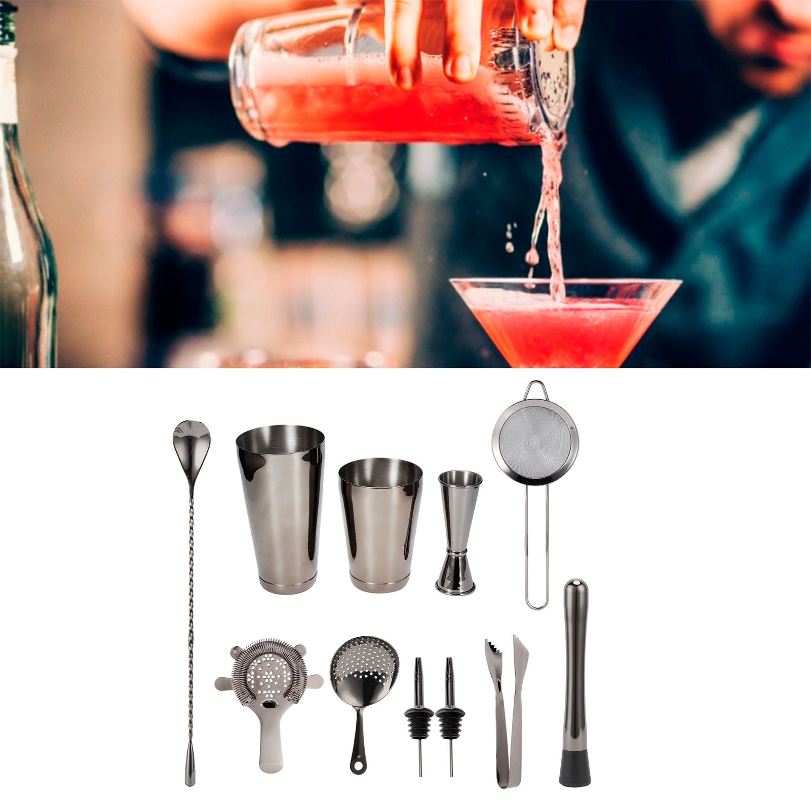 11PCS/Set Cocktail Shaker Set Bartender Kit Cocktail Strainer Stainless Steel Barware for Home PartyRuthenium Black
