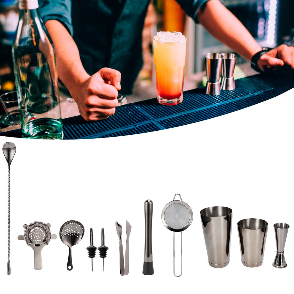 11PCS/Set Cocktail Shaker Set Bartender Kit Cocktail Strainer Stainless Steel Barware for Home PartyRuthenium Black