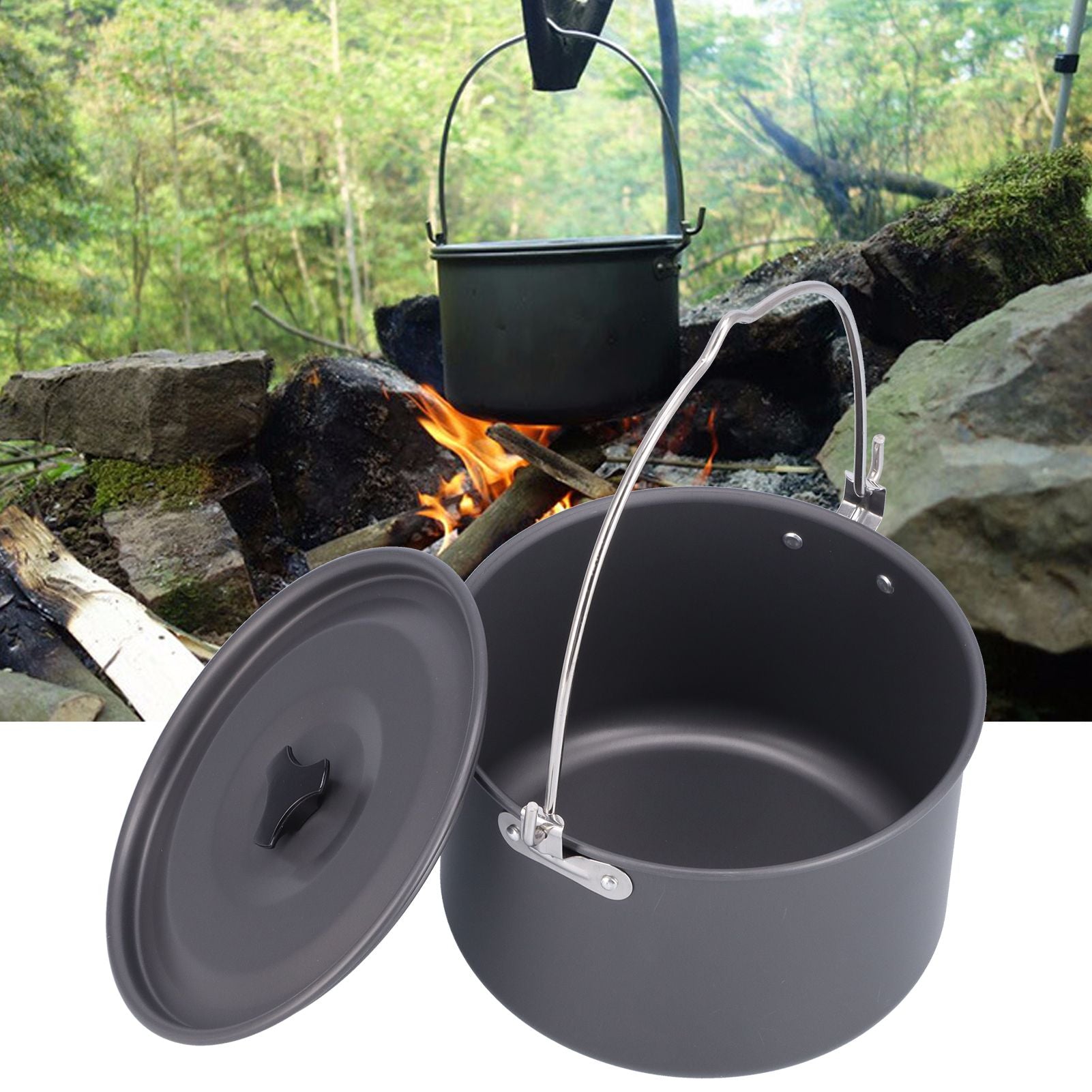 Outdoor Camping Pot Portable Aluminum Alloy Bonfire Hanging Pot with Lid Storage Bag for 6‑8 People