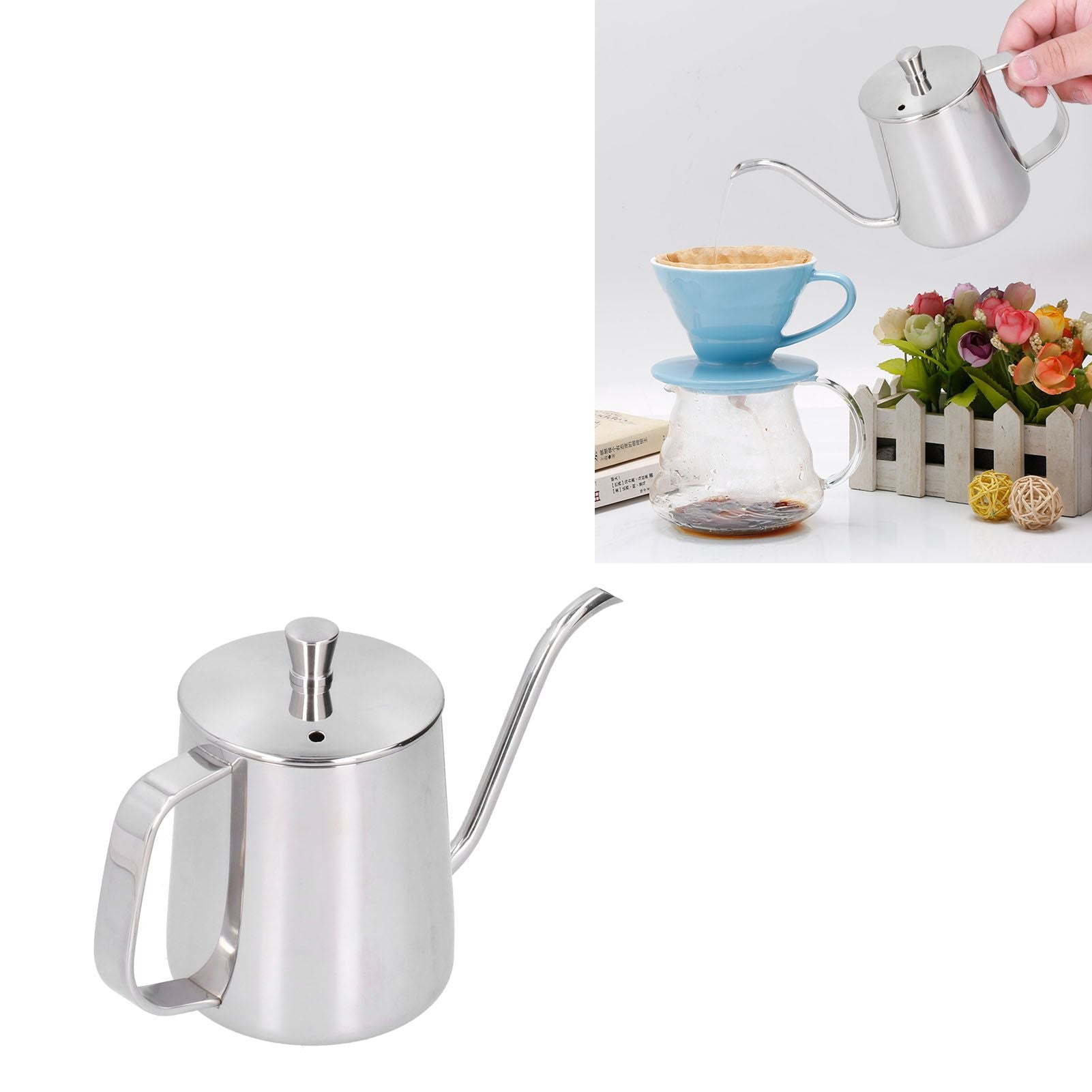 Hand Drip Coffee Pot Stainless Steel Coffee Pouring Kettle Pour Over Gooseneck Tea Pot with LidSilver 350ml