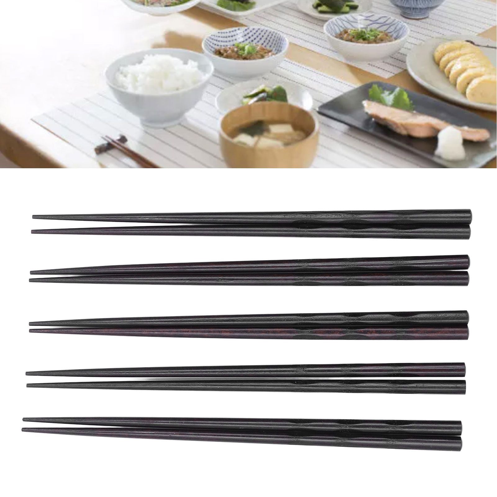 5 Pairs Chopsticks Ironwood Black Round Reusable 23cm/9.1in Long for Japanese Style Tableware Classic