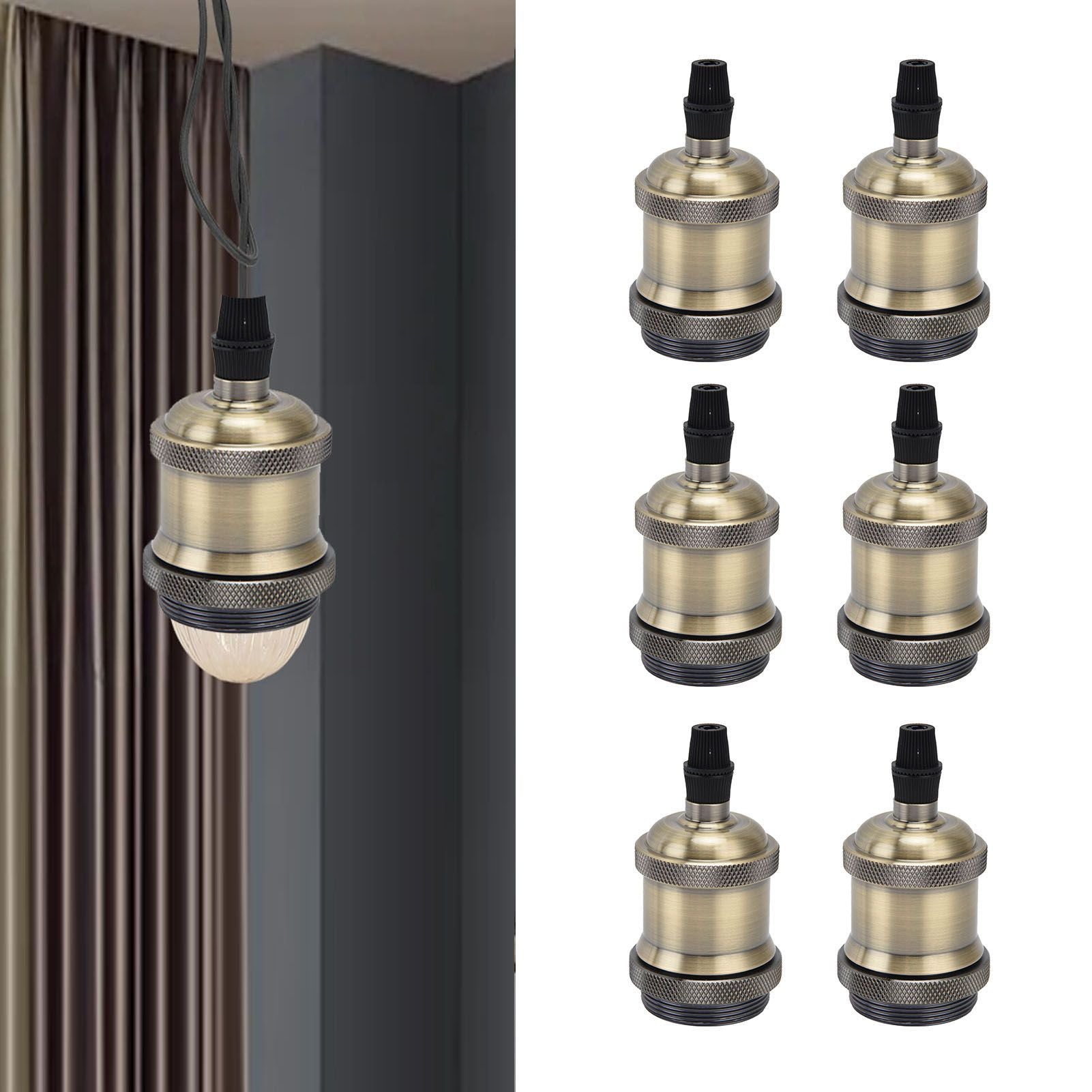 6 Pcs Lamp Holder Metal E26 E27 Screw Retro Lighting Base Accessories with Ground Aluminum ShellBlue Bronze