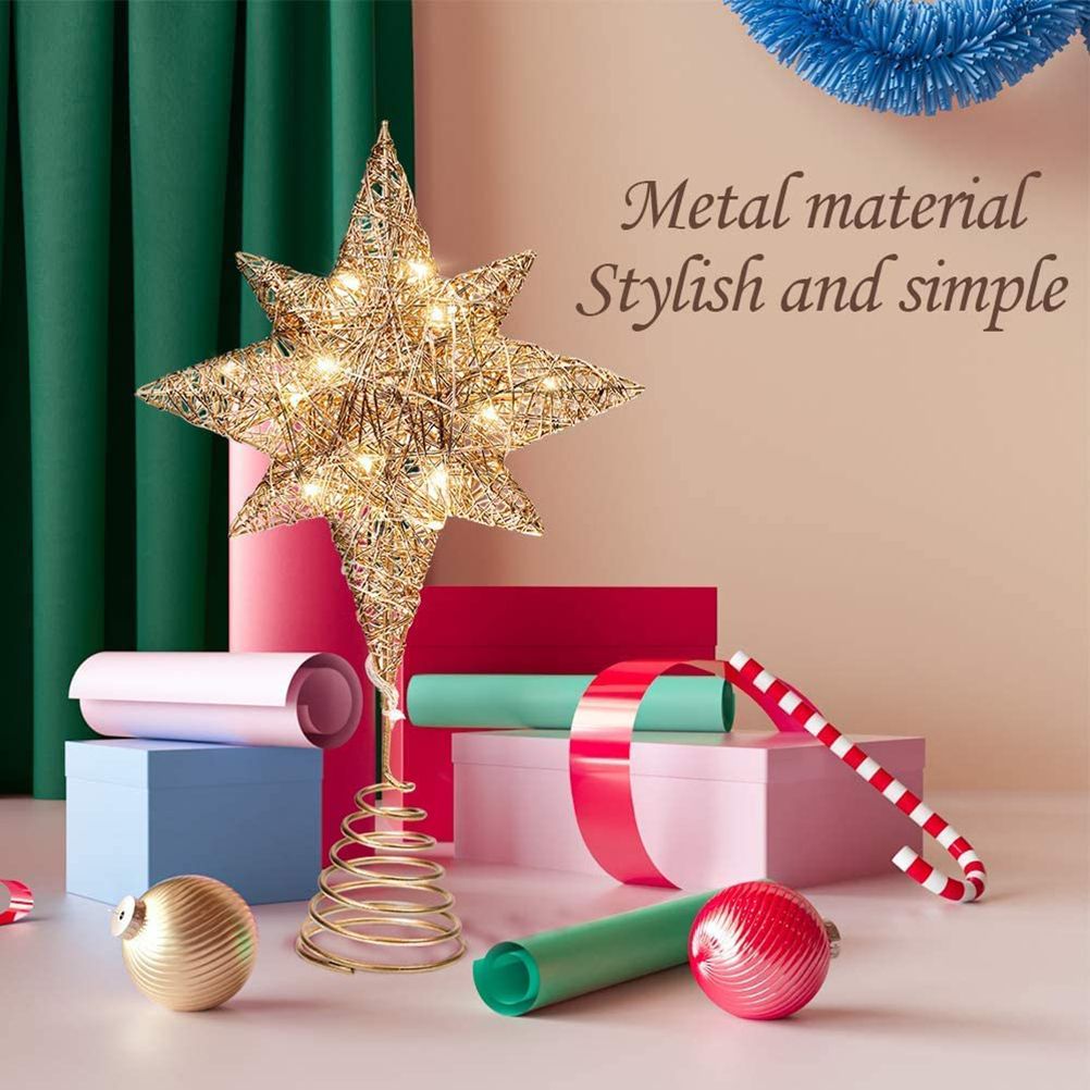 Christmas Star Tree Topper 3D Geometric Star Decorative LED Lights Battery Operated Beautiful Star Lighting with Springy Base for Holiday Xmas