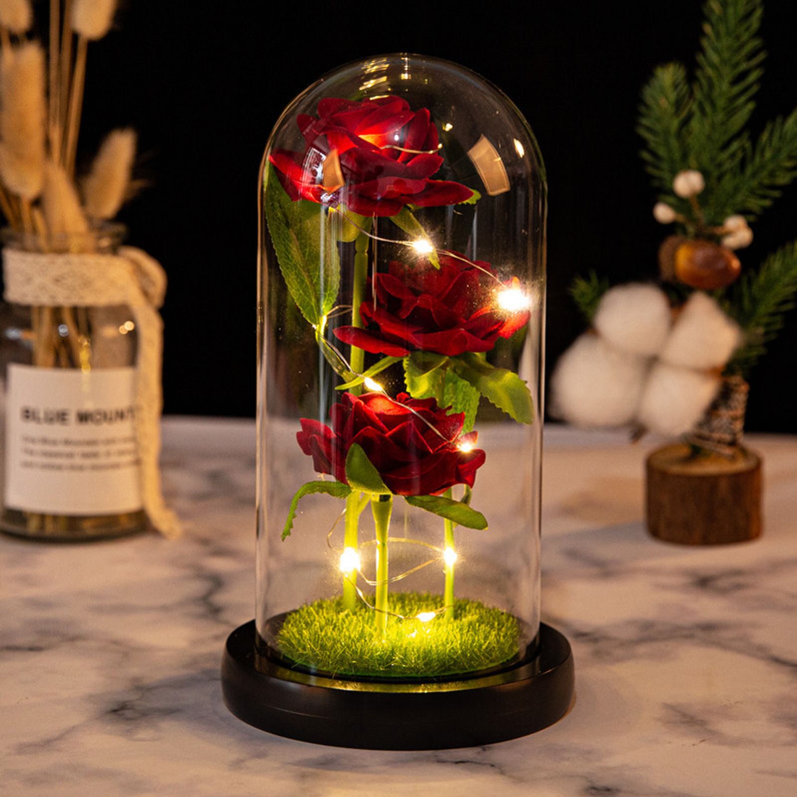 Glass Dome Rose Ornament LED Strip Light Blessing Romantic Glass Cover Artificial Flowers for Girlfriend