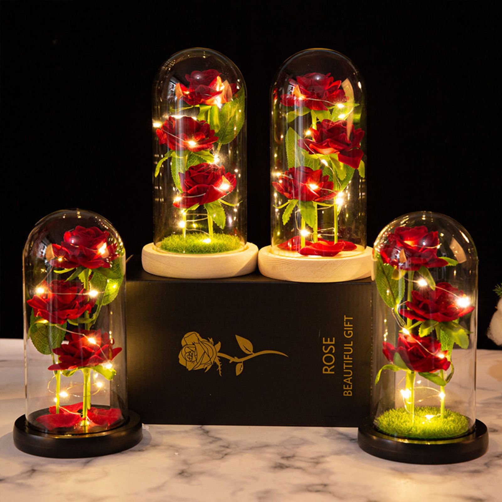 Glass Dome Rose Ornament LED Strip Light Blessing Romantic Glass Cover Artificial Flowers for Girlfriend