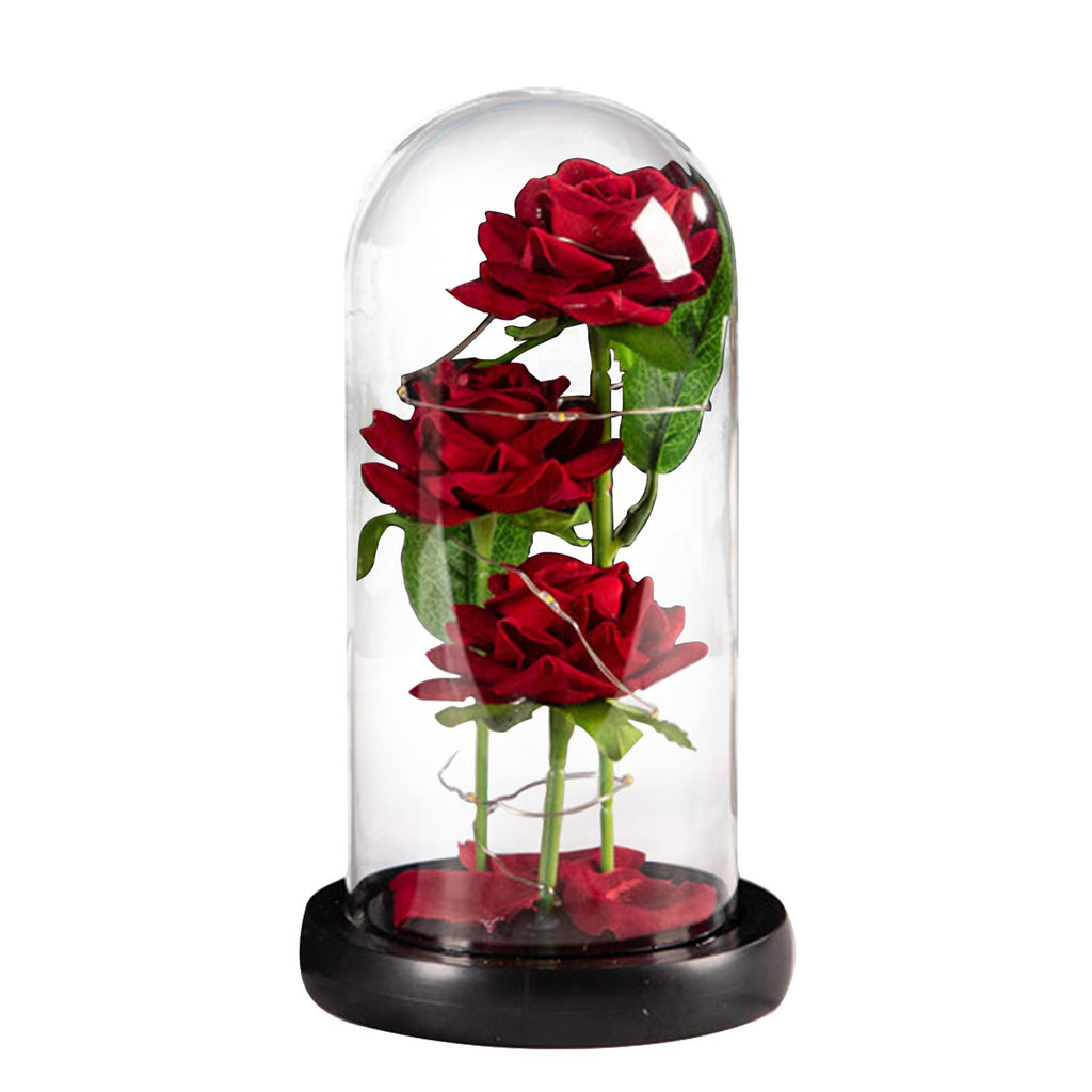 Glass Dome Rose Ornament LED Strip Light Blessing Romantic Glass Cover Artificial Flowers for Girlfriend