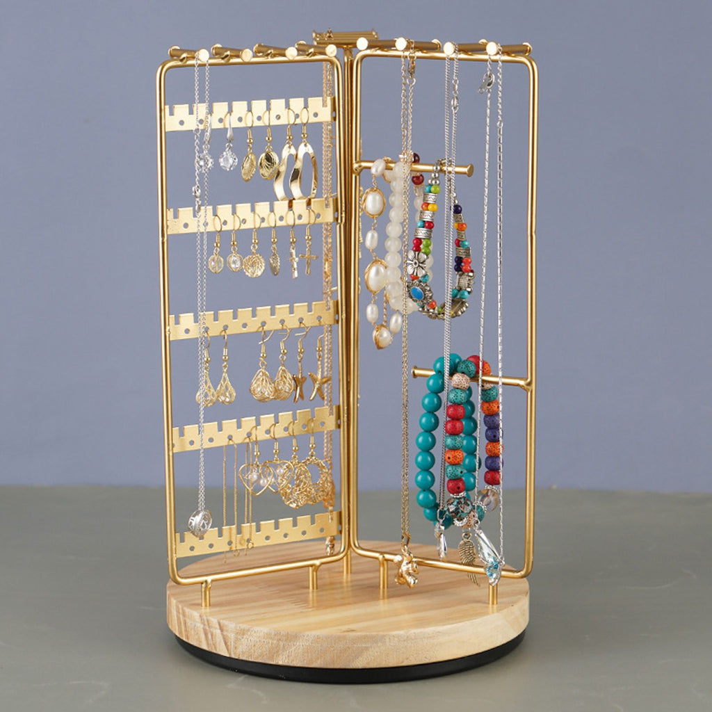 3 in 1 Jewelry Stand Display Multi Tiers Wooden Swivel Base Jewelry Display Holder for Necklace Gold
