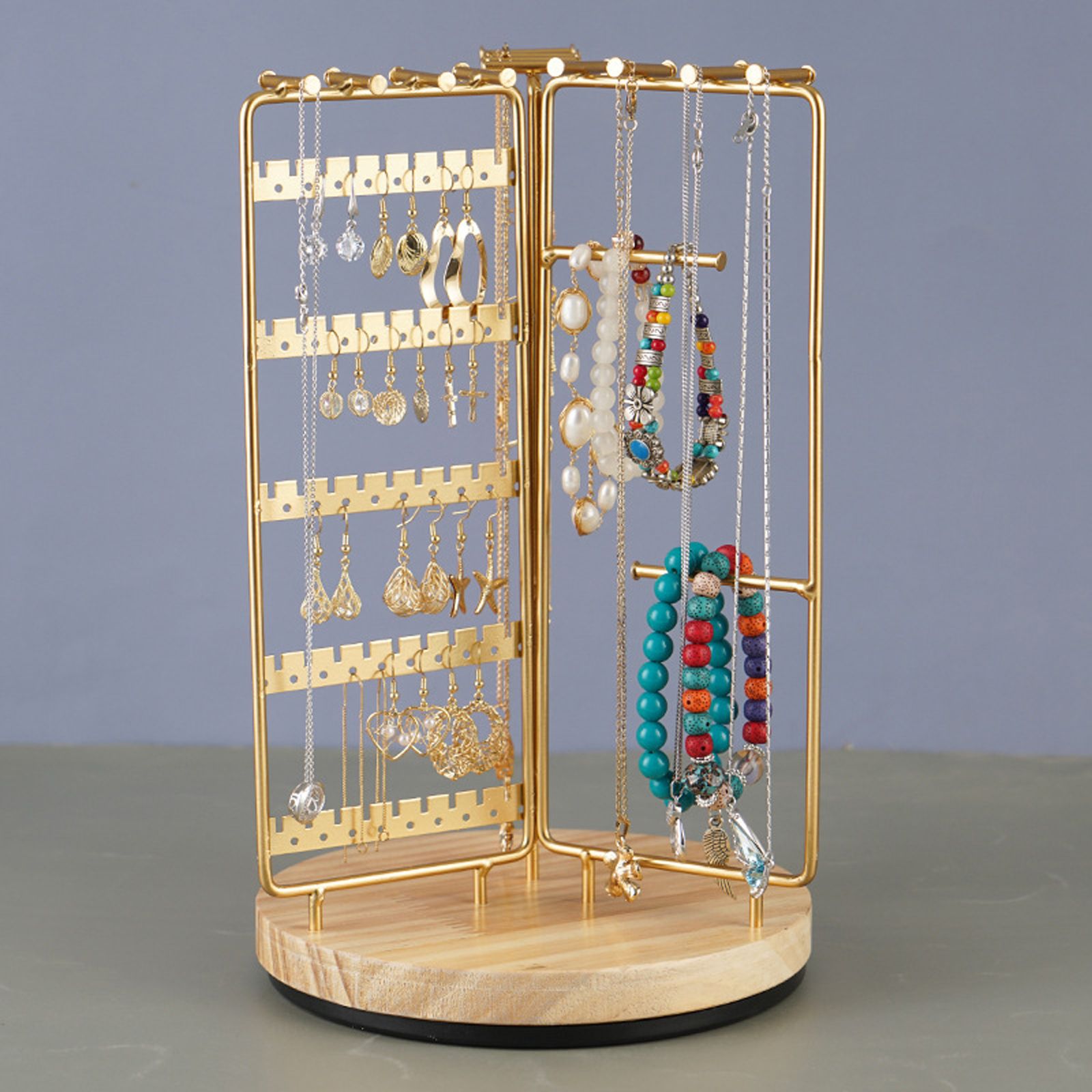 3 in 1 Jewelry Stand Display Multi Tiers Wooden Swivel Base Jewelry Display Holder for Necklace Gold