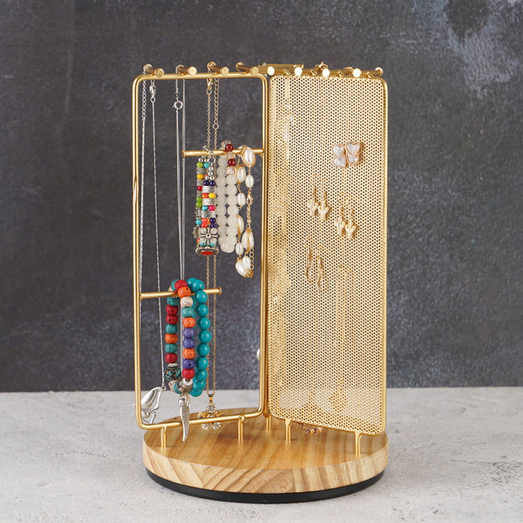 3 in 1 Jewelry Stand Display Multi Tiers Wooden Swivel Base Jewelry Display Holder for Necklace Gold