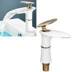 G1/2 Bathroom Faucet Washing Basin Bathroom Sink Tap Waterfall Single Hole Faucet for House Office BuildingWhite and Gold Short Style with Golden Handle